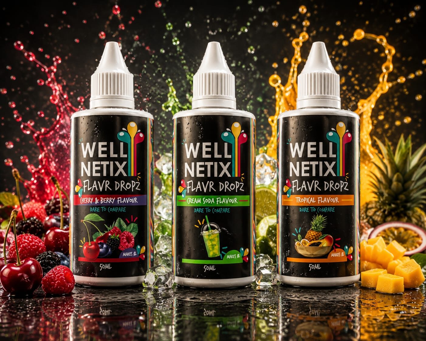 Wellnetix Flavr Dropz concentrated water enhancers - Cherry Berry, Cream Soda, Tropical