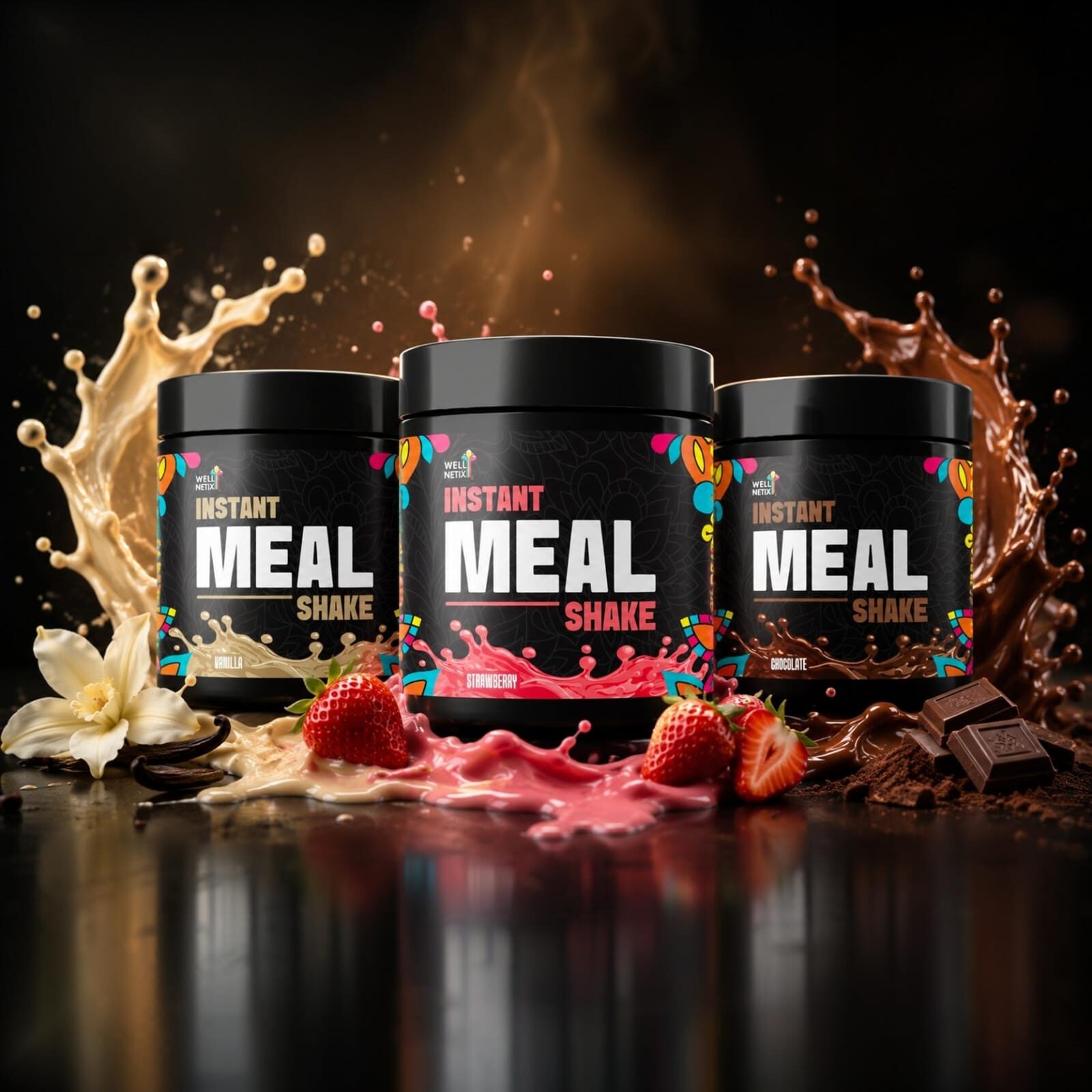 Wellnetix Instant Meal Shake in Vanilla, Strawberry and Chocolate flavours