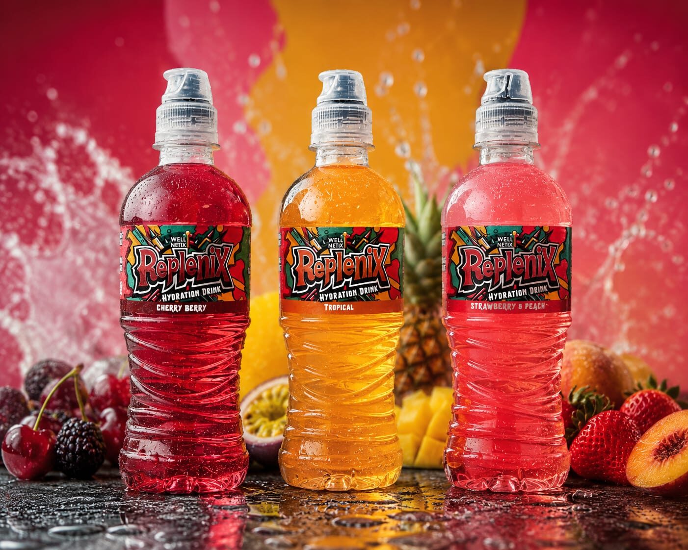 Wellnetix RepleniX Hydration Drinks - Cherry Berry, Tropical, Strawberry & Peach with dynamic fruit splash